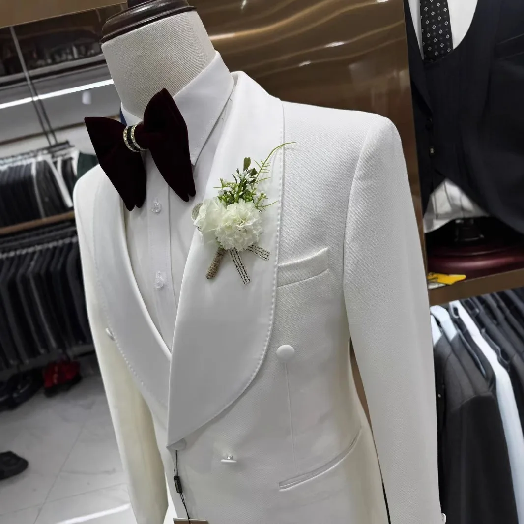 Man's Suit Elegant Set Luxury Clothing Designer Boyfriend Slim Fit Male Blazer Wedding Ceremony Dress Ivory Jacket Black Pants - view 3