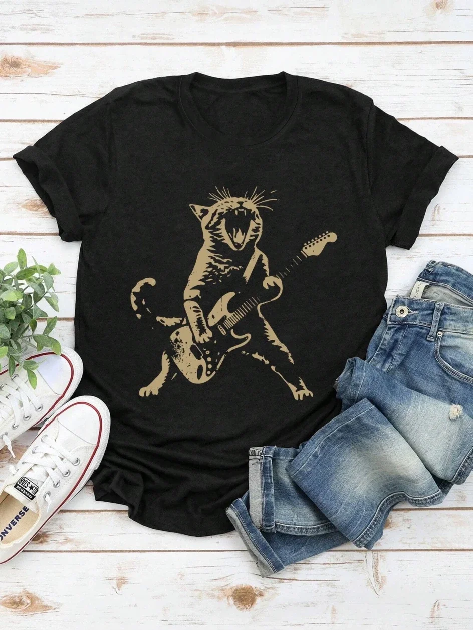 Cat Playing The Guitar Painting Women T-Shirt Summer Casual Street Short Sleeve Tops Fashion Oversize Soft Female Tees Clothes