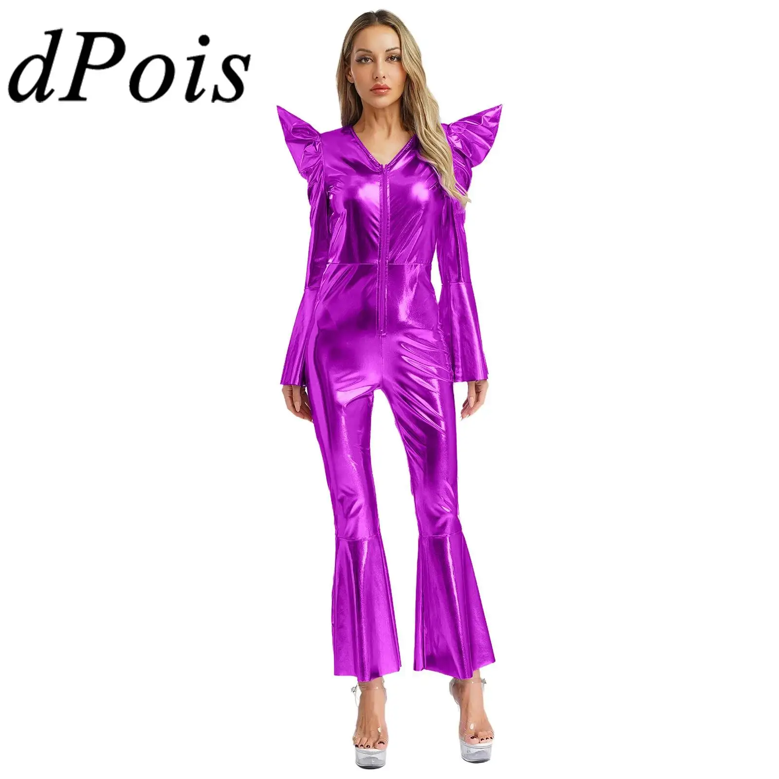 

Women Retro Vintage 70s Disco Outfit Shiny Metallic Jumpsuit Dance Bell Bottom Hippie Romper Clubwear Festival Halloween Costume