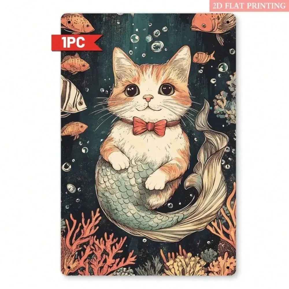 

Mermaid Cat Metal Tin Sign Vintage Retro Wall Art 8x12 Inch Kitchen Cafe Bar Home Decor