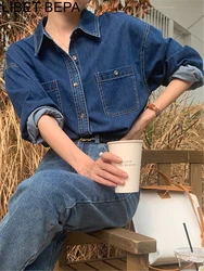 BL9805 New 2024 Korean Fashion Denim Office Lady Female Oversized Wild Women Blouses Shirts Spring Vintage Elegant Lady Tops