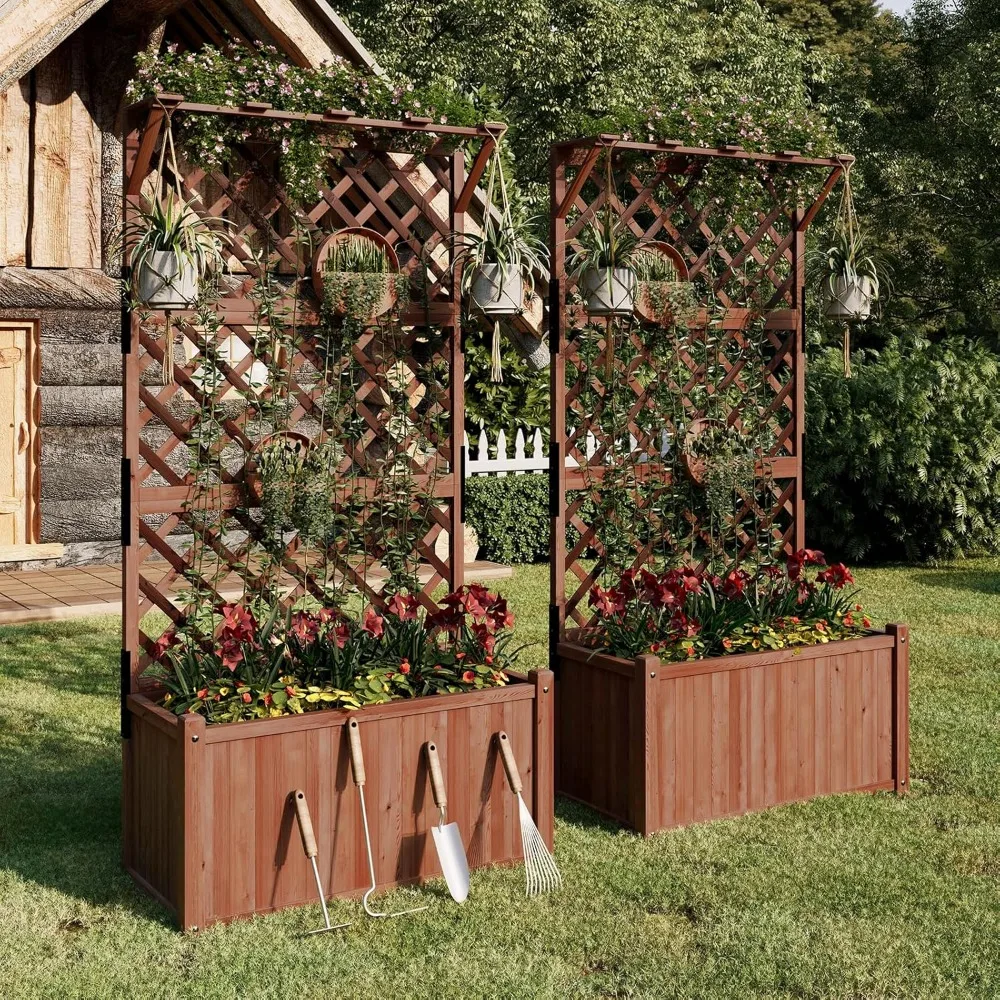 

2 Pack 35.4x17.7x72 inch Wood Planter with Trellis and 1.6Ft Depth Large Planter Box for Outdoor, Raised Garden Bed for Climbing