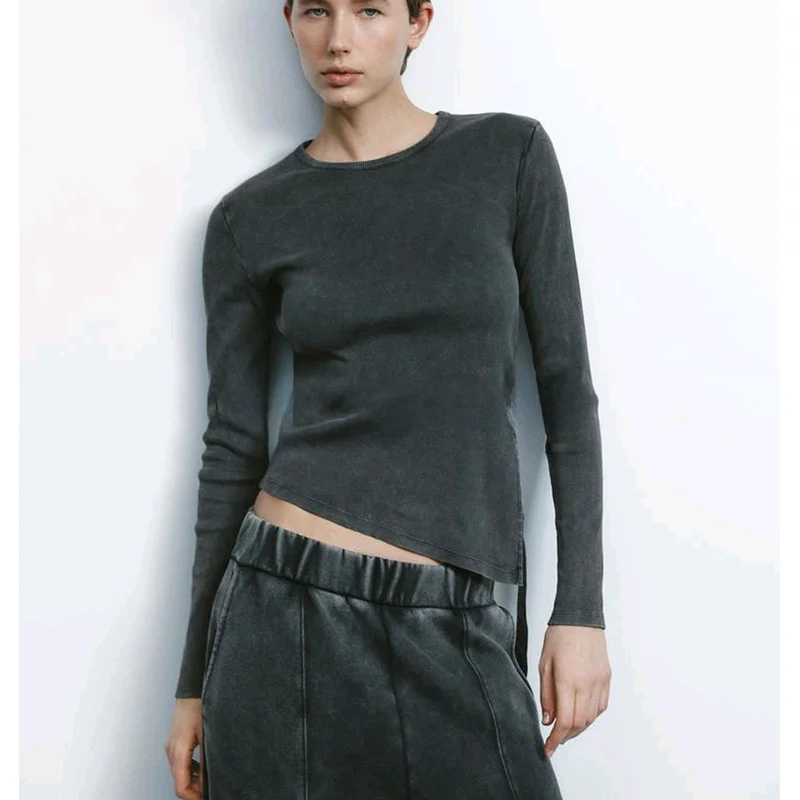 

Spring New Women's T-irt Asymmetric Hem Design Long Sve round Ne with Belt Ribbed Polyester Fiber Moisture ng
