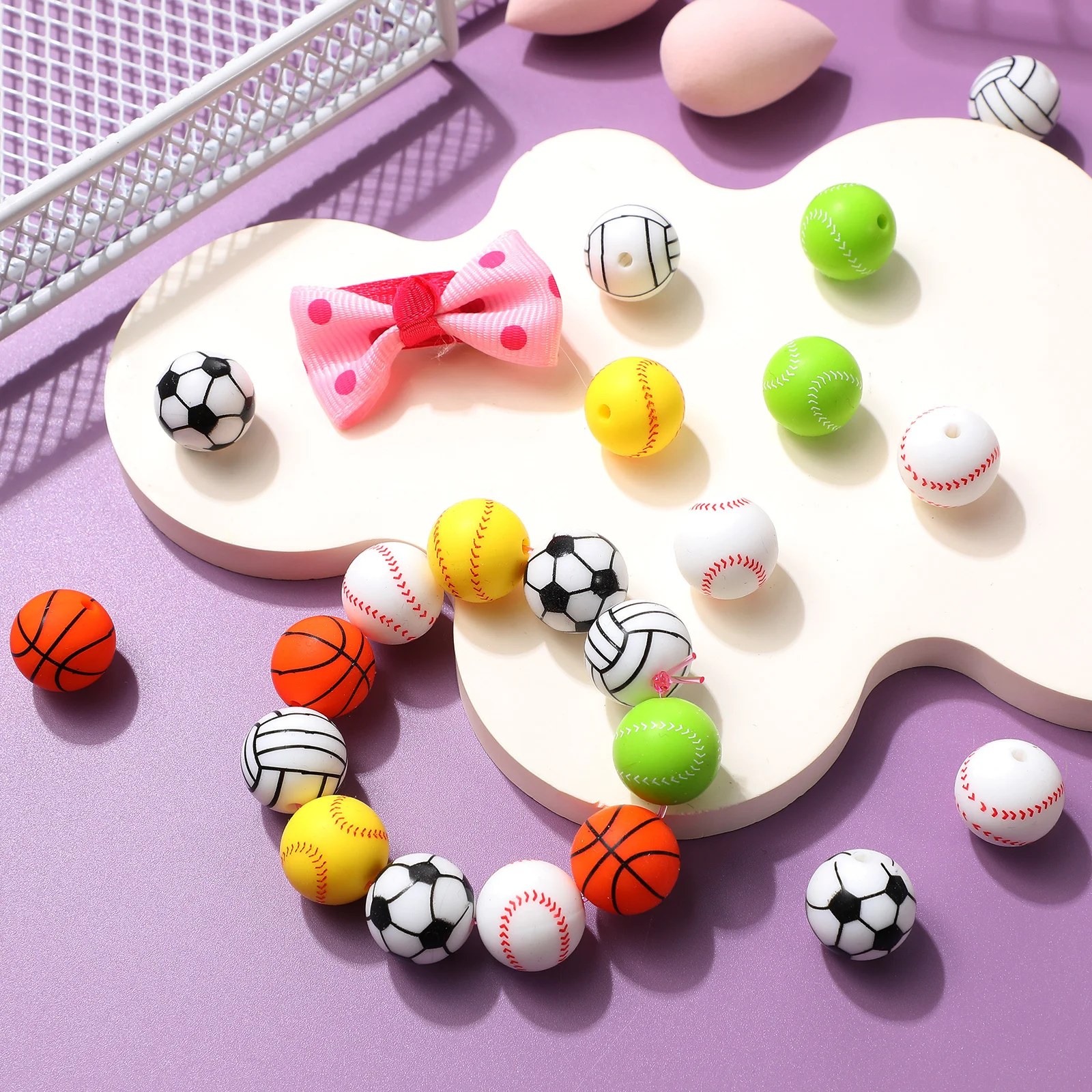 

30Pcs Silicone Sports Ball Beads Round Loose Spacer Beads for Bracelet Making Jewelry Craft Supplies Baseball Basketball
