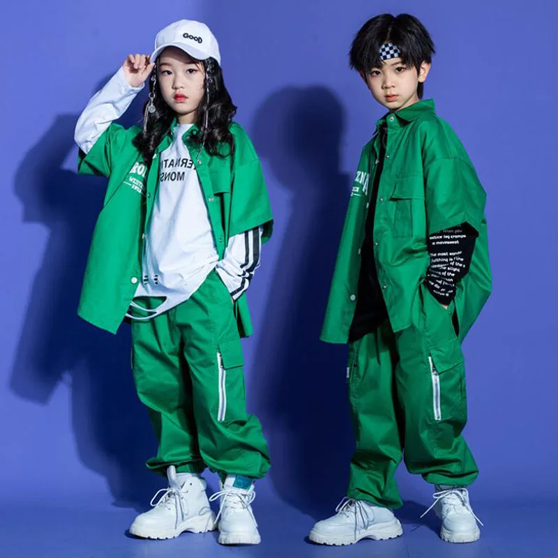 Kids Showing Outfit Hip Hop Clothing Green Shirt Jacket Tactical Cargo Joggers Pants For Girl Boy Jazz Dance Costume Clothes