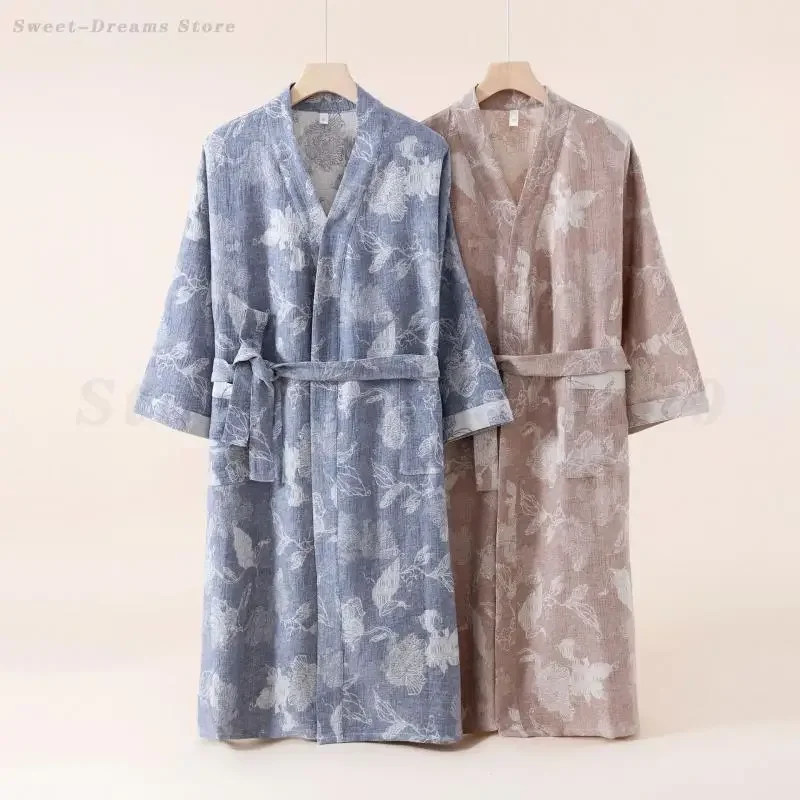 

Spring Autumn Nightwear Yukata Print Flower Bathrobe Cotton Linen Women Robe Kimono Gown Home Clothes Loose Casual Sleepwear
