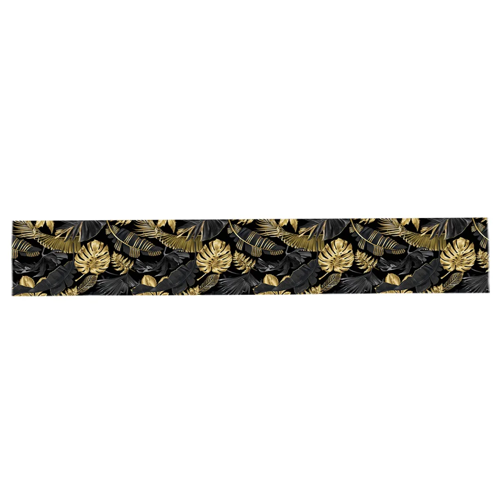 Golden Leaves Black Background Linen Table Runners Kitchen Decoration Washable Farmhouse Wedding Party Decor