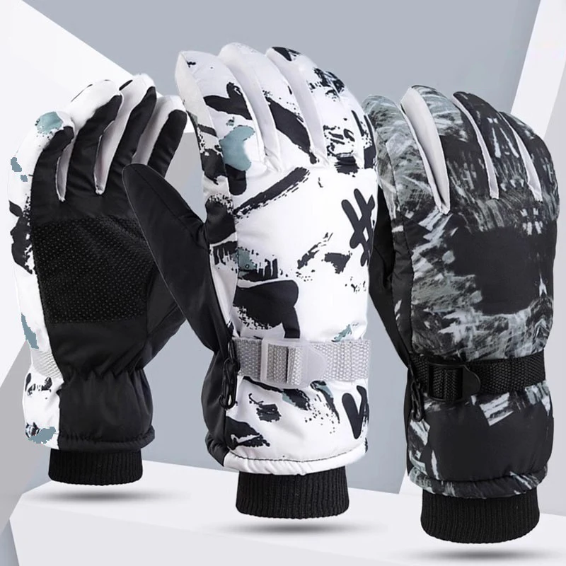 Ski Glove Winter Men And Women Cold Padded Thickened Cotton Waterproof Non-Slip Outdoor White Graffiti