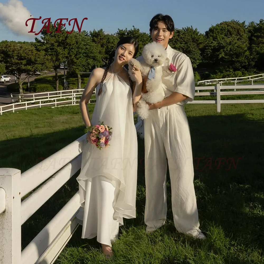 

TAFN Simple Ivory Halter Wedding Dress Korea Photo Shoot Silk Organza Floor Length Bridal Gown Zipper Back Layered Customized
