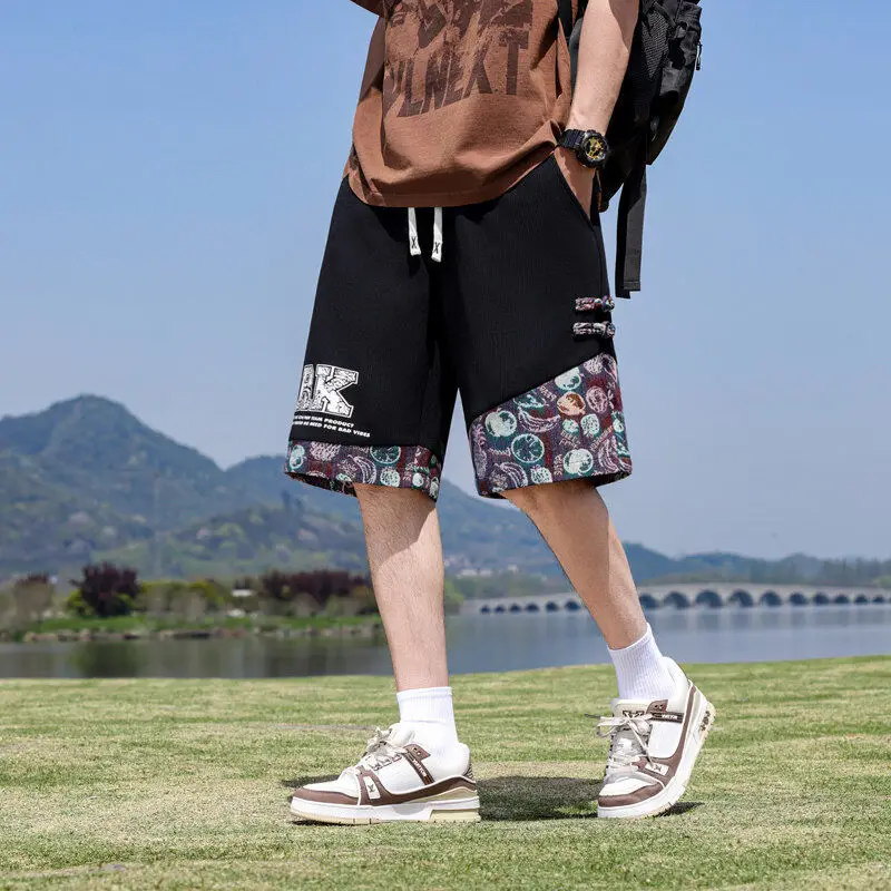 

Korean Fashion Printed Rope Tied Men's Short Shorts Summer New Loose Casual Wide Leg Pants Polyester Spandex Blend Cool Sensa...