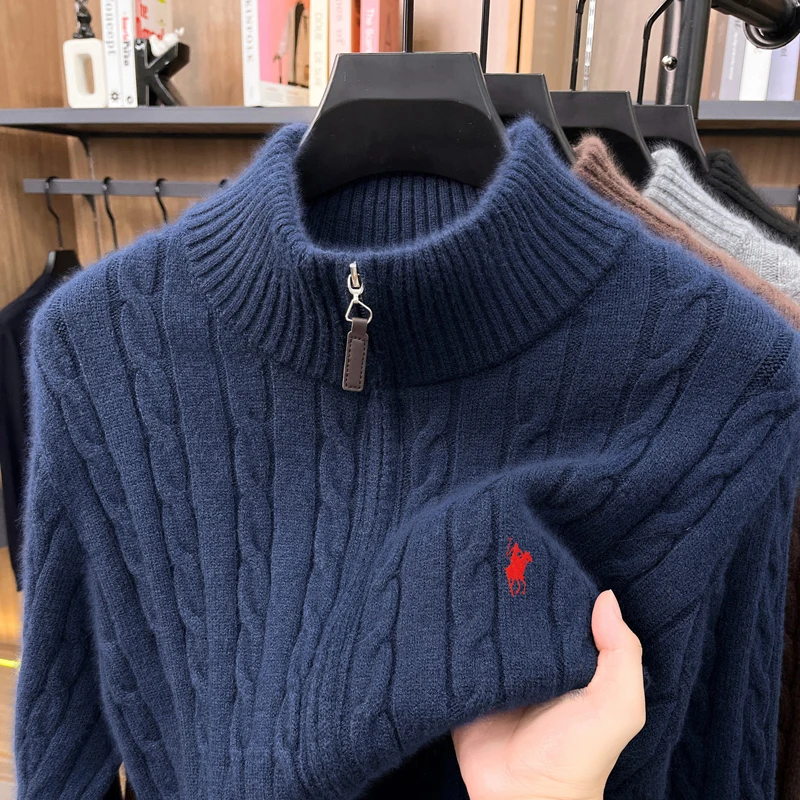 Men's Autumn Winter New Long Sleeved Knitwear Fried Dough Twists Half Zipper Embroidery Warm Sweater Fashionable Men's Clothing