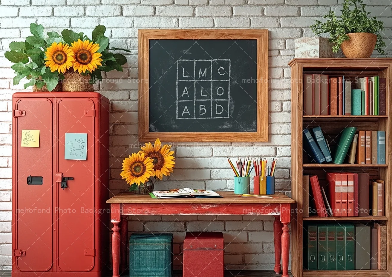 Mehofond 写真撮影背景 新学期 レッドアイアン収納キャビネット 木製テーブルチェア キッズファミリーポートレート背景装飾