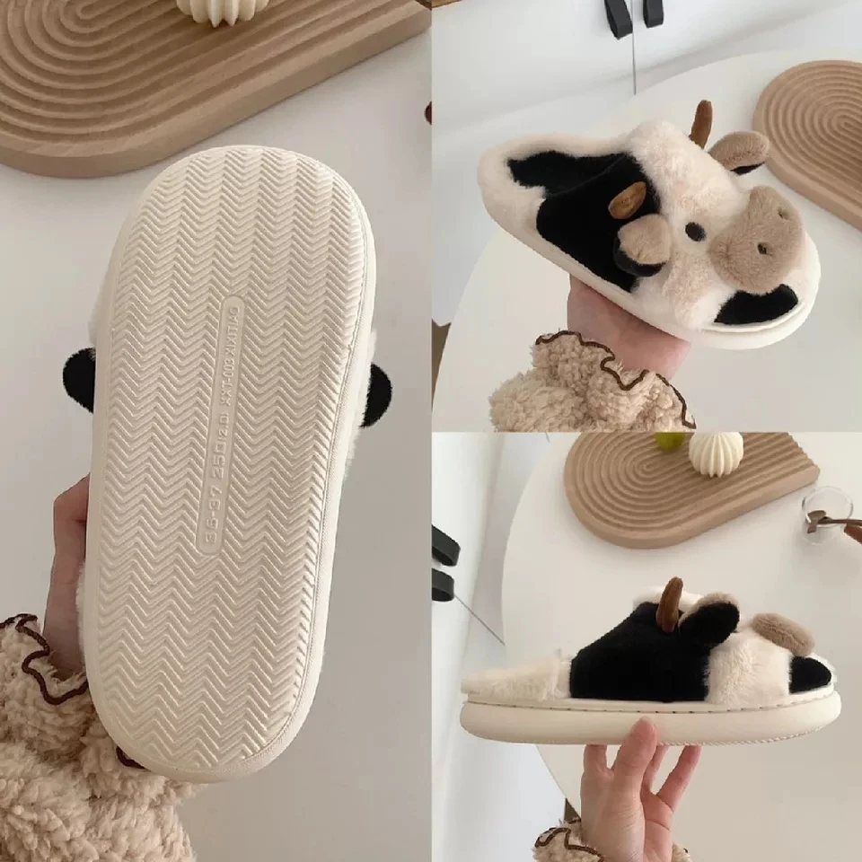 Pallene Cute Furry Slipper For Women Winter Fashion Milk Cow Fluffy Warm Slippers Girls Cartoon Animal Indoor Home Cotton Shoes