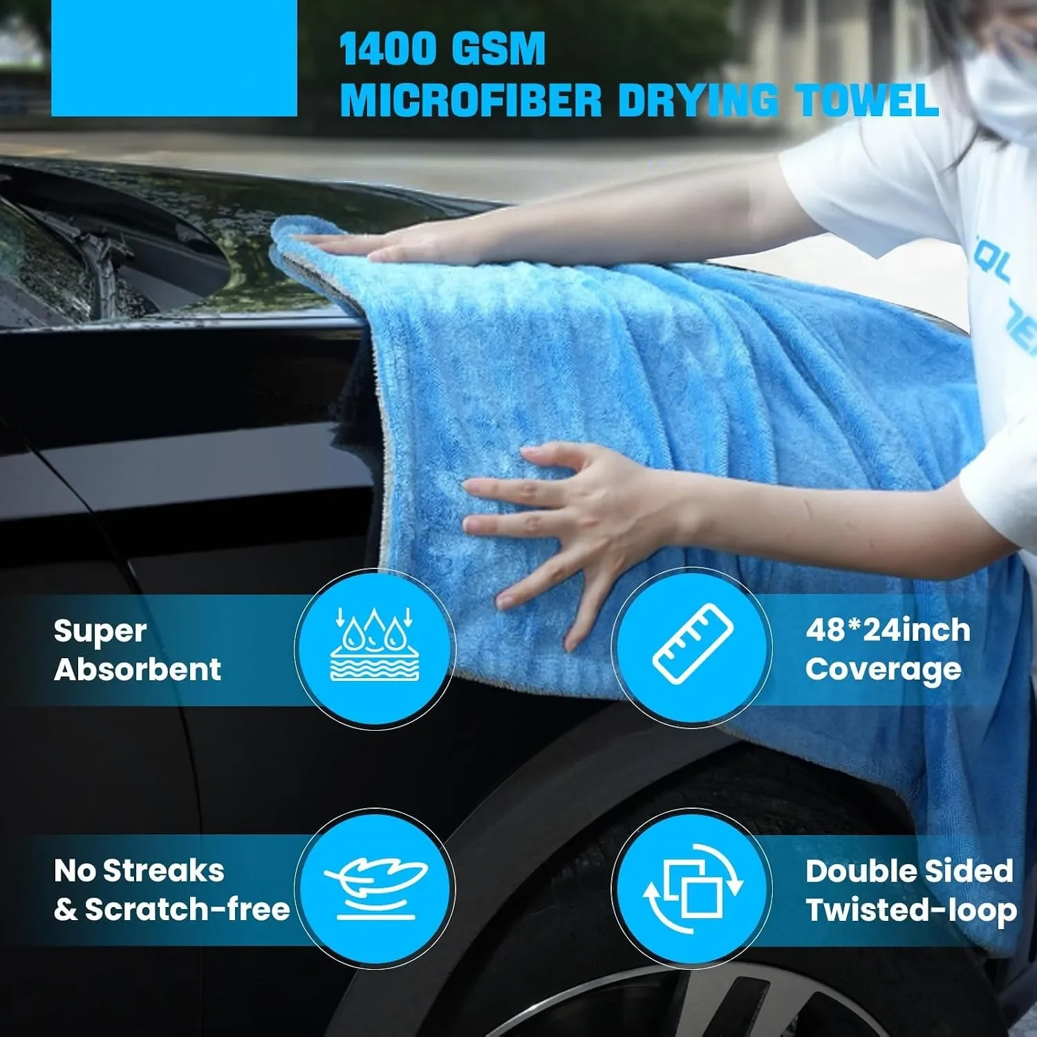 2 Pack Car Drying Towels (60x120cm) Extra Large Microfiber Cars 1200 GSM Ultra-Absorbent Streak Free Double Twisted-Loop Drying