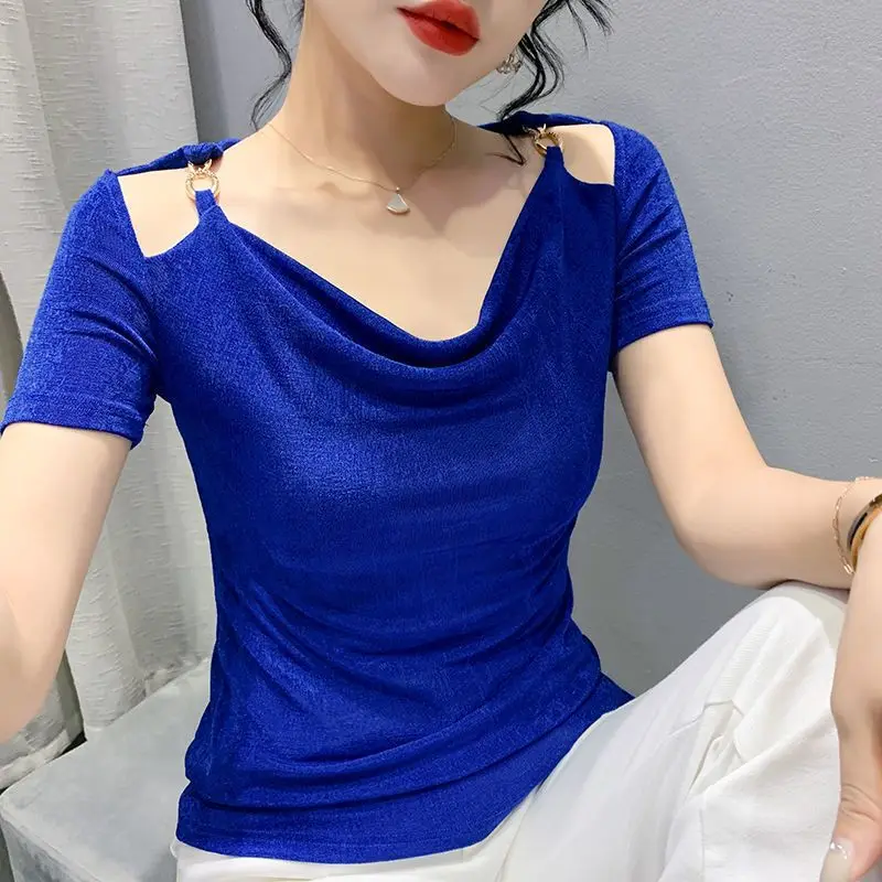 Elegant Off Shoulder Slim T Shirts Summer New Short Sleeve Hollow Out Solid Color Pleated Tops Tees Fashion Trend Women Clothing