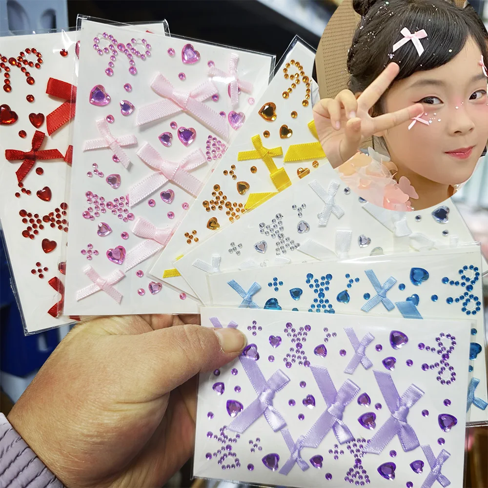 2/6pcs 5D Silk Bow Heart Gems Face Diamond Sticker Girls Sweet Bowknot Crystal Adhesive Face Decal For Music Concert Kids Gifts
