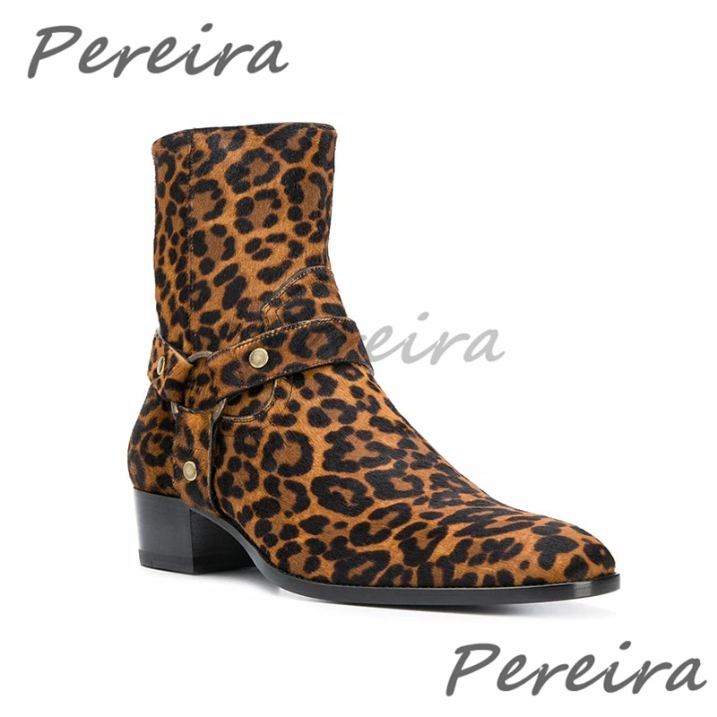 Leopard Print Horse Fur Chelsea Boots Metal Ring Strap Genuine Leather Pointed Toe High Top Boots Autumn Winter New Men's Shoes