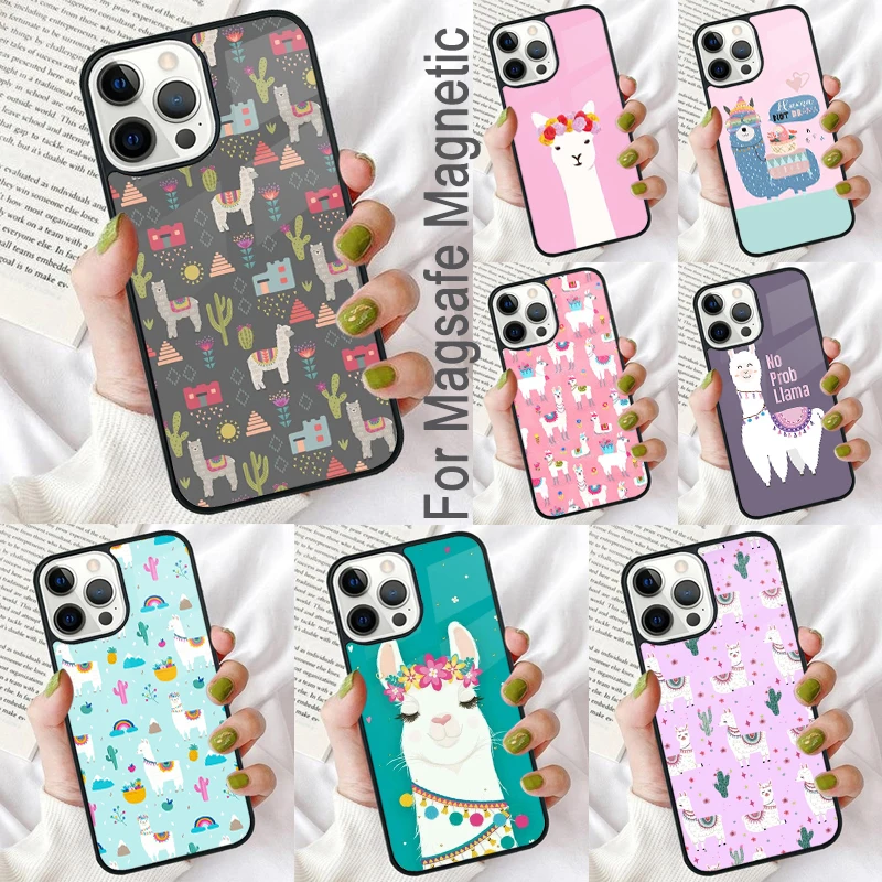 Cartoon Alpaca Llama Magnetic Soft Phone Case for iPhone 16 Promax 15 Pro 13 14 Plus 11 12 Mini MagSafe Coque