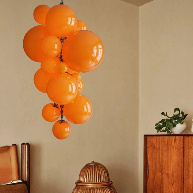

Large Hanging Lamps for Ceiling Luxury Top Multiple Orange Glass Grape Ball Elegant Big Chandeliers for Villa Hotel Home Decor