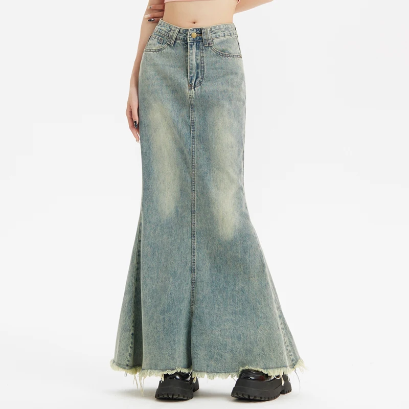 

2023 Spring Summer Women High Waisted Ripped Bleached Blue Trumpet Denim Skirt , Woman Slim Ripped Tassel Mermaid Skirts