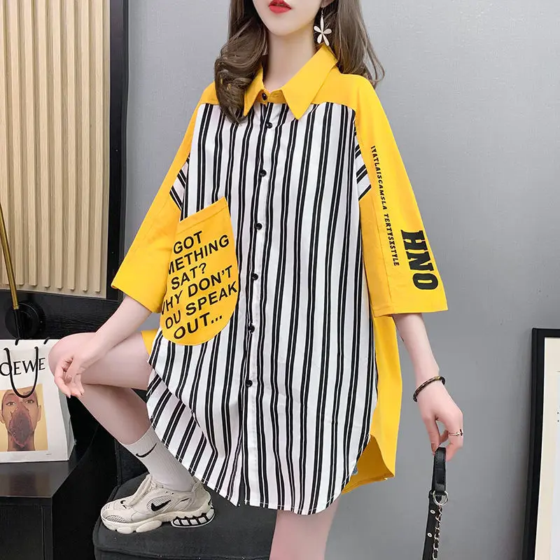 

Summer Polo-neck Vintage Striped Printing Shirt Ladies Short Sleeve Loose Casual All-match Buttons Blouse Women Patchwork Top