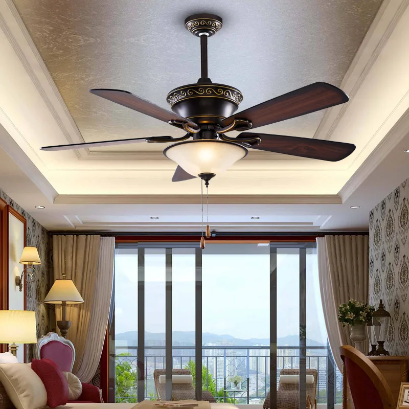 Retro Ceiling Fan Light 42/52 Inch Hanging Fans Lamp with Pull Switch Woodenfan Blade E27 Led Dining Living Room Kitchen Decor