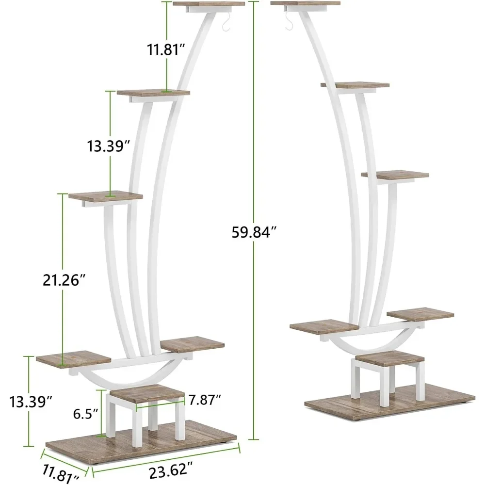 Plant Stand Pack Metal Curved Display Shelf with 2 Hanging Hooks, Multi-Purpose Bonsai Plant Rack White Plant Shelves