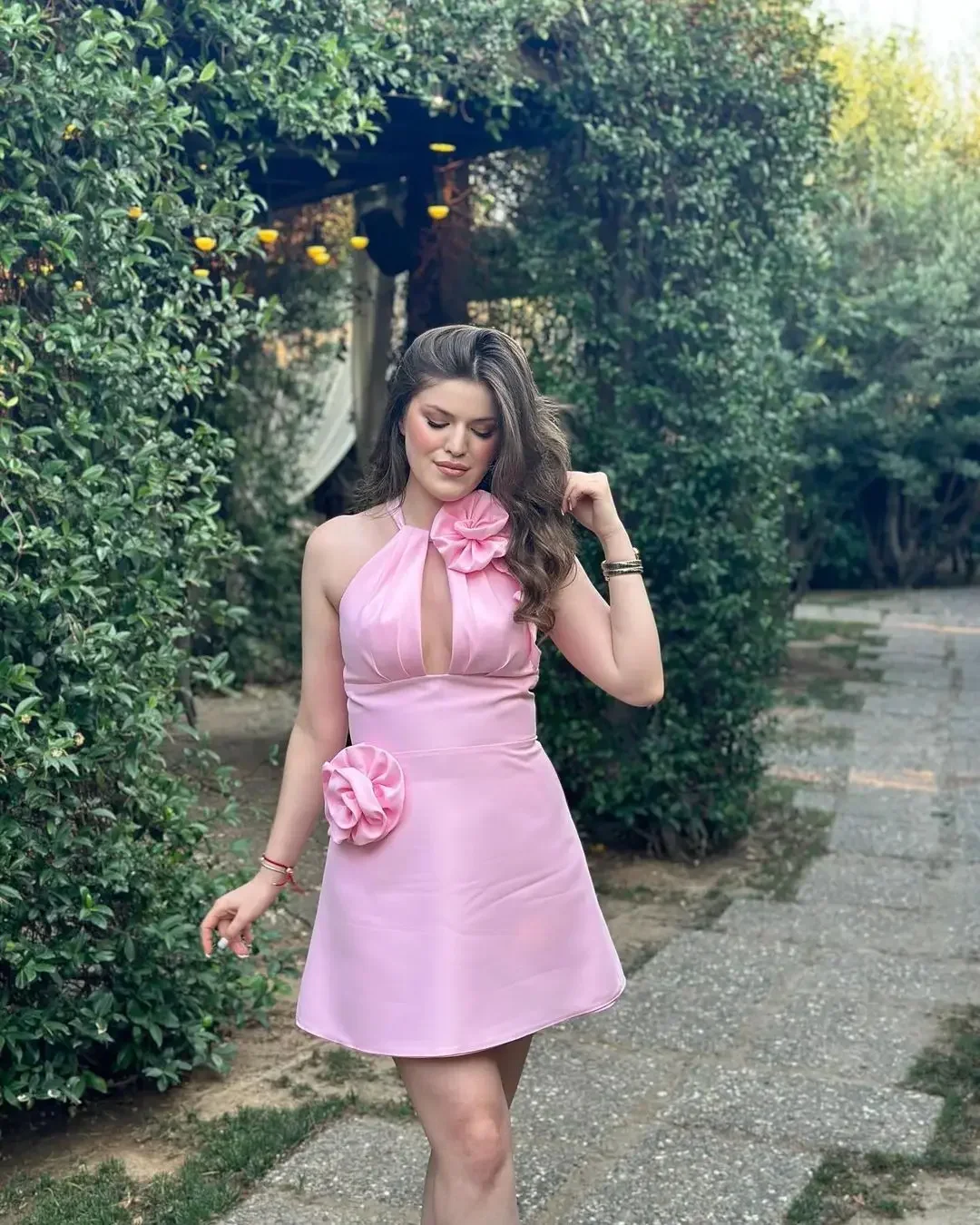 Pink Short Formal Occasion Prom Dresses O-Neck Satin Evening Dresses Party Dresses WITH3D Floral