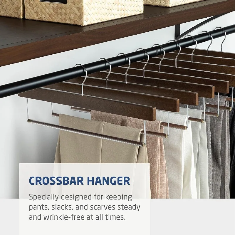 Wooden Slack/Trouser Pants Hangers with Non Slip Bar (10 Pack) Smooth Finish, Slim & Sleek Space Saving Closet Hangers