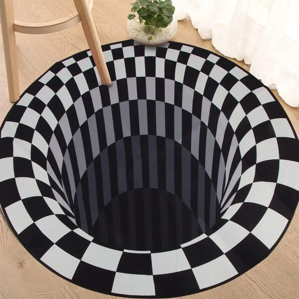 

Black and White 3D Hole Illusion Round Rug Checkerboard Depth Effect for Instagrammable Space