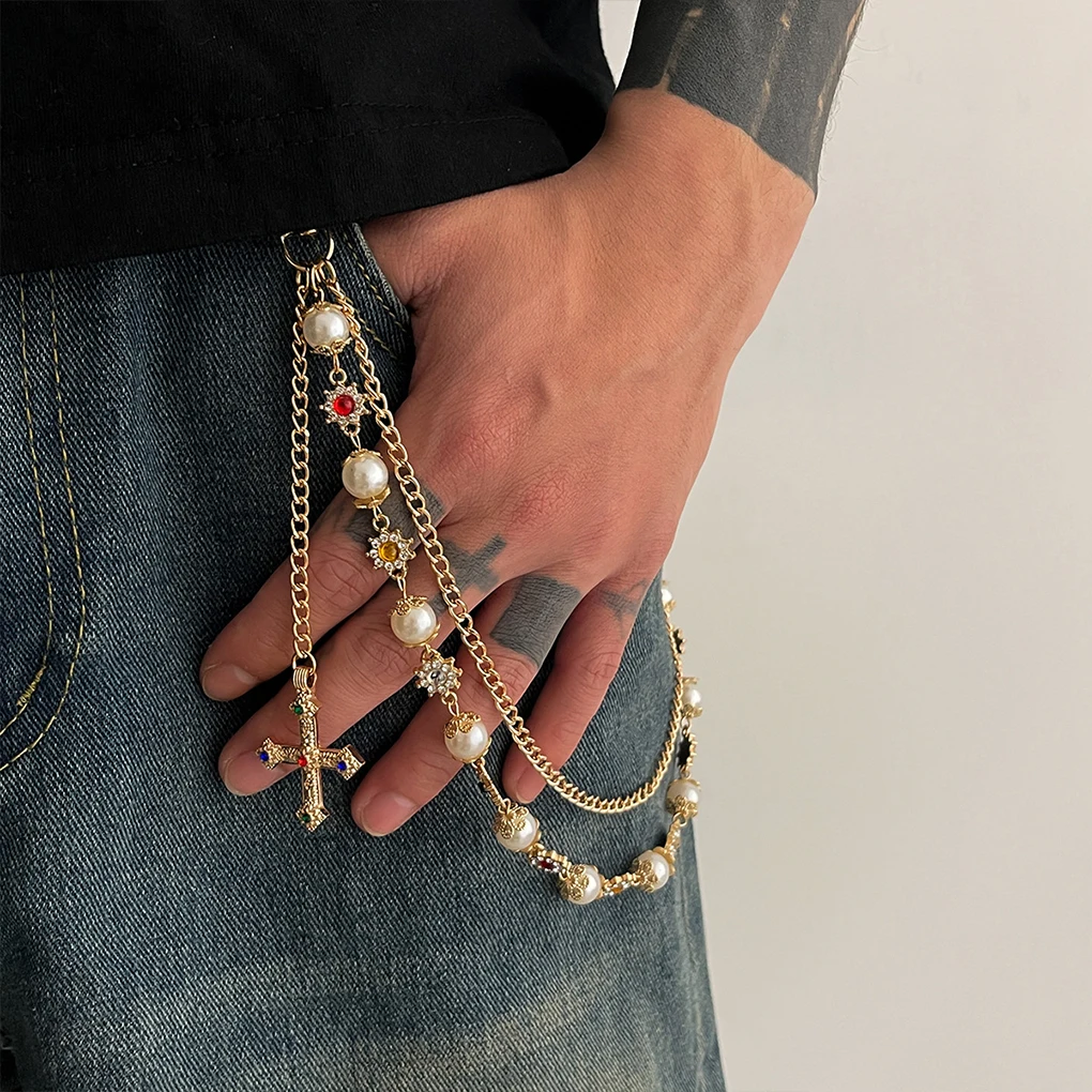 Punk Colorful Zircon Cross Pendant Pants Chain for Women Men Gothic Multi Layer Imitation Pearl Chain Waist Chain Jeans Jewelry view 4