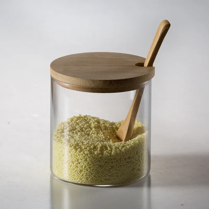 Seasoning Tank Glass Bamboo Holder Oil Salt Sugar Jar Seasoning Bottle Seasoning Box Kitchen Supplies Pot Series Spice Tools