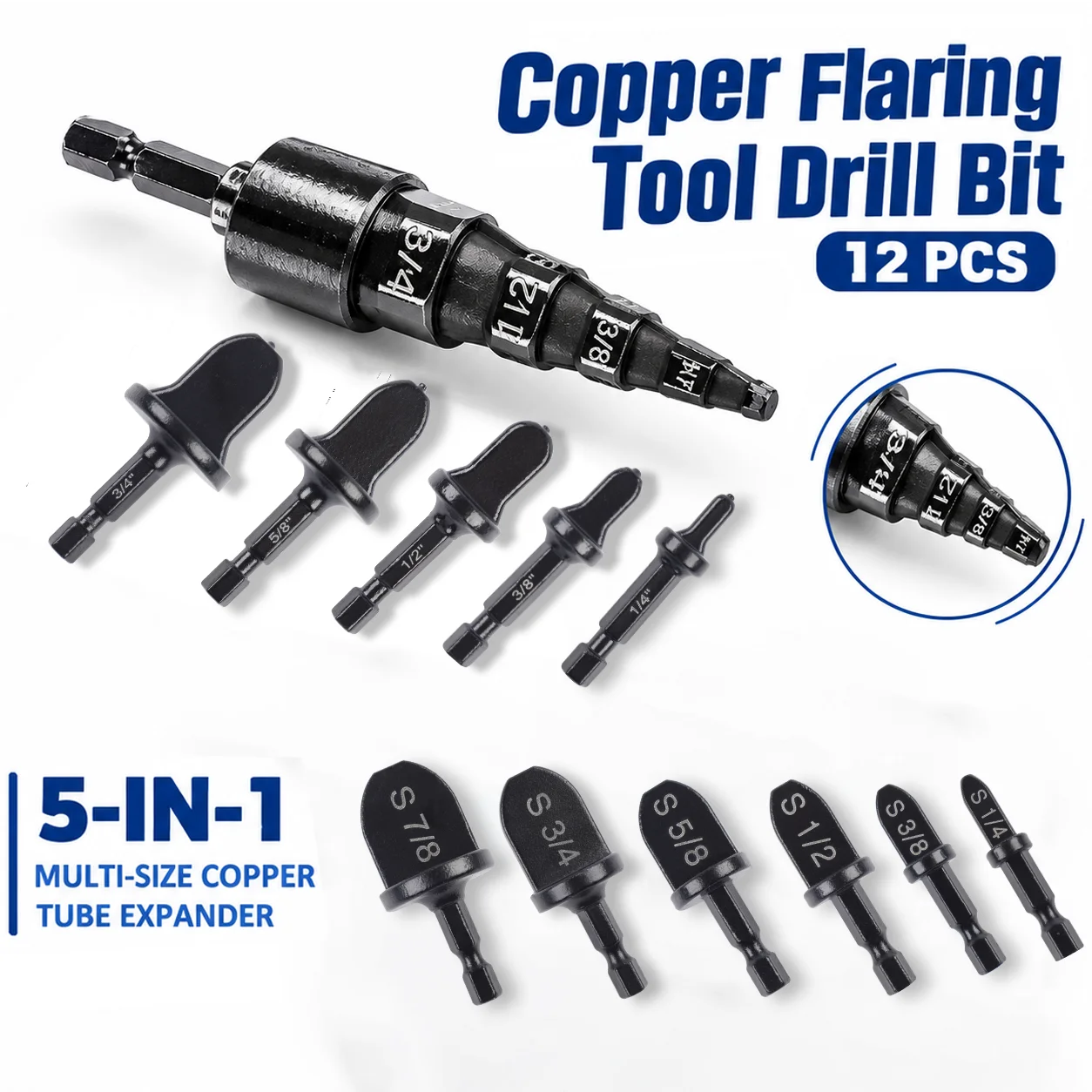 5-In-1 Copper Flaring Tool Drill Bit Set- Multifunctional Copper Pipe Flaring Tool for Air Conditioner Copper Tube/Expander with Hex Handle