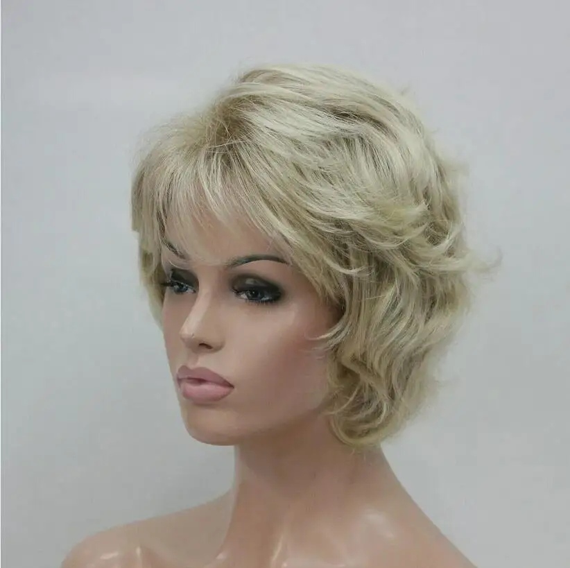 Short Layered Curly Mix Blonde Heat  Hair Blend Women Daily Wigs