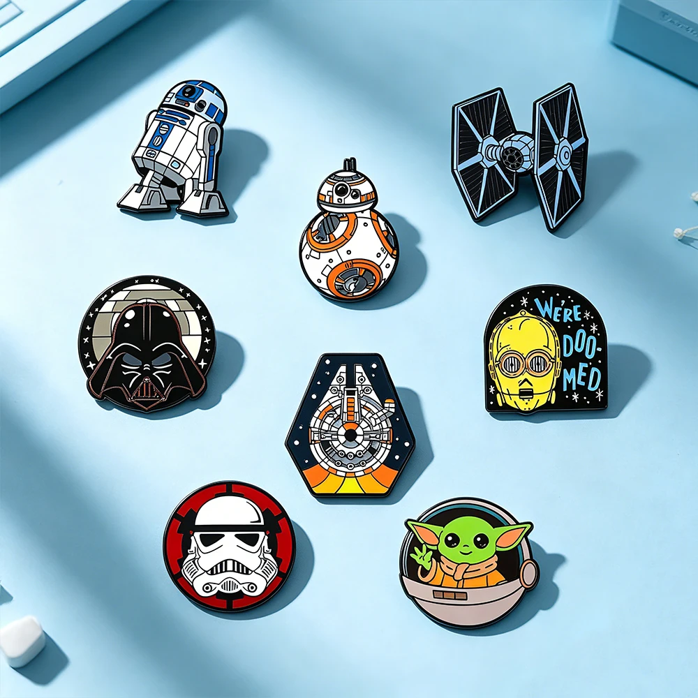 8pcs Star Wars Brooch Set Enameled R2-D2 BB-8 TIE Fighter Darth Vader Stormtrooper Fashion Metal Badges for Backpack image 4