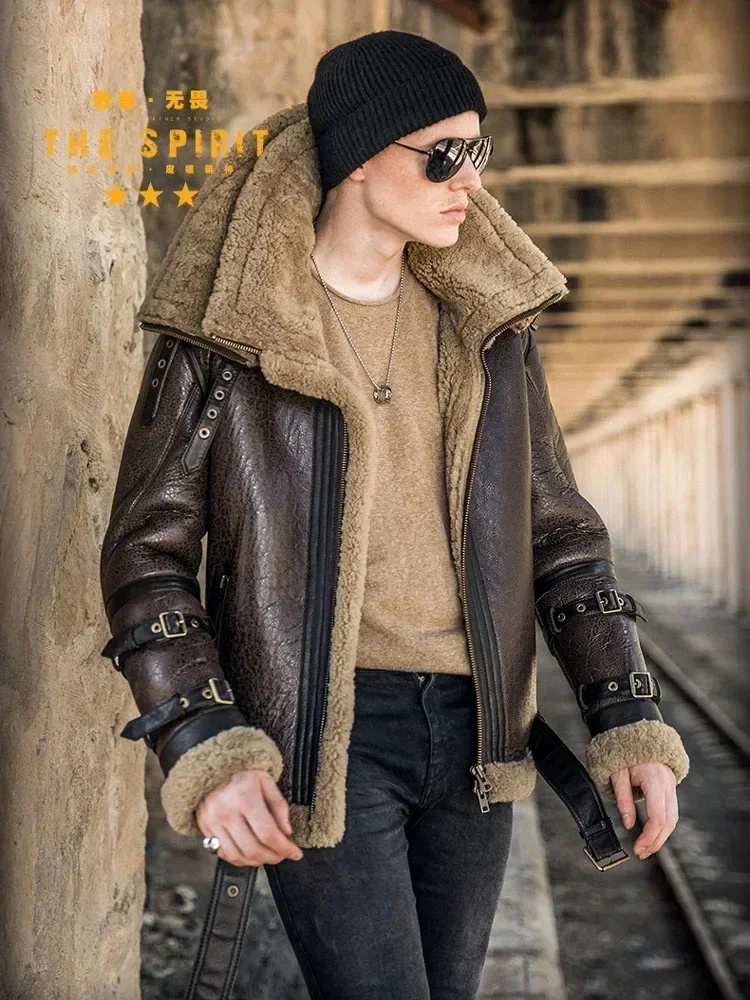 High Quality Men Genuine Leather Coat Natural Shearing Sheepskin Jacket for Male Wool Liner Double Layer Collar Motor Pilot 7XL