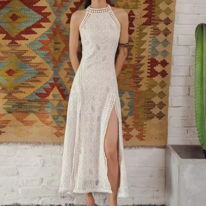 Backless White Women Dress Summer Holiday Sleeveless Vintage Women's Clothing Split Lace Elegant Evening Party Dresses