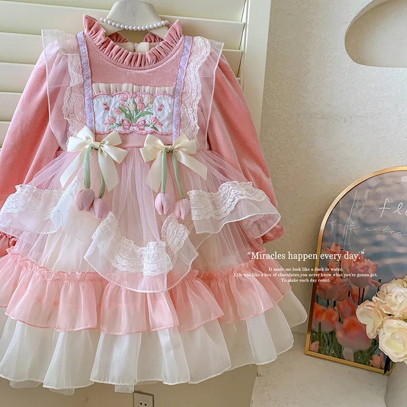 Girl Dress Autumn Winter Pompom Ball Gown Lolita Dress for Children Girl Birthday Wedding Party Dress Girl Princess Dress Clothe