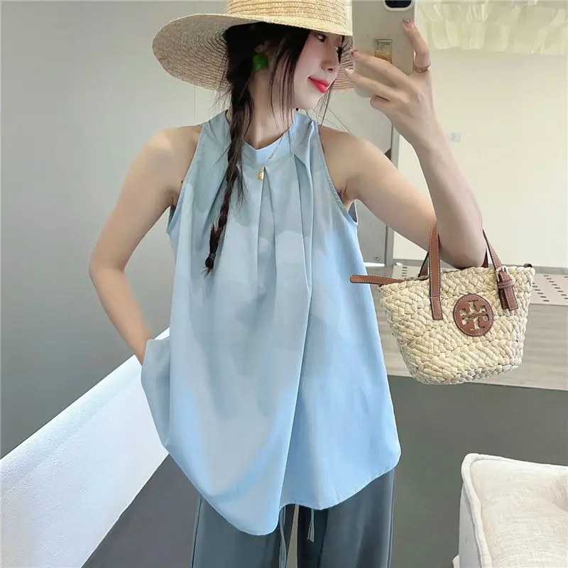 

French Sweet Pleated Halter Tank Top Women's Summer Loose Chic Sleeveless Top