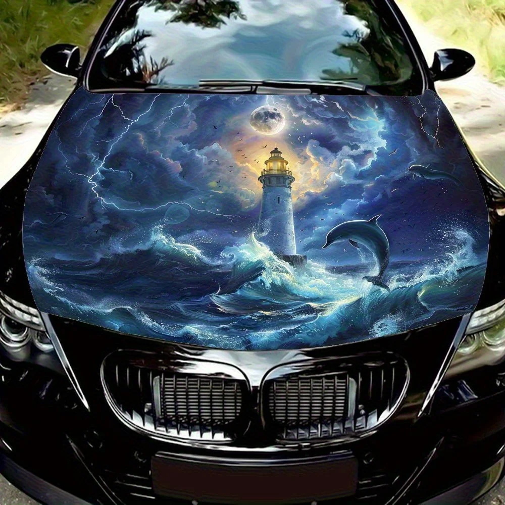 Lighthouse And Dolphins Car Hood Sticker - Durable Polyvinyl Chloride (PVC), Custom Car Hood Wrap, Sedan/SUV Hood Decals, Easy T