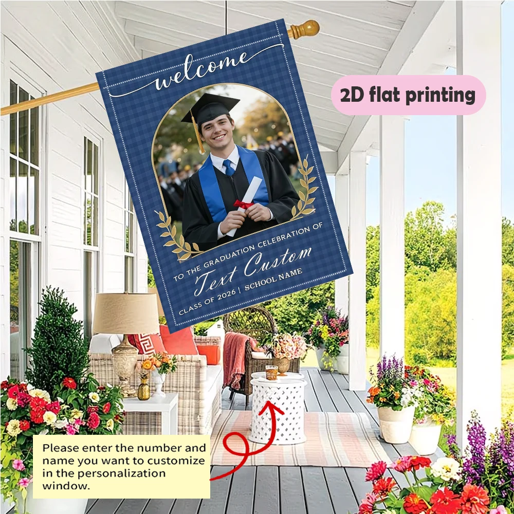 Garden flag custom Name Photo And School Name Blue Gold Arch Frame Gifts for Graduates Durable decoration garden flag decoration