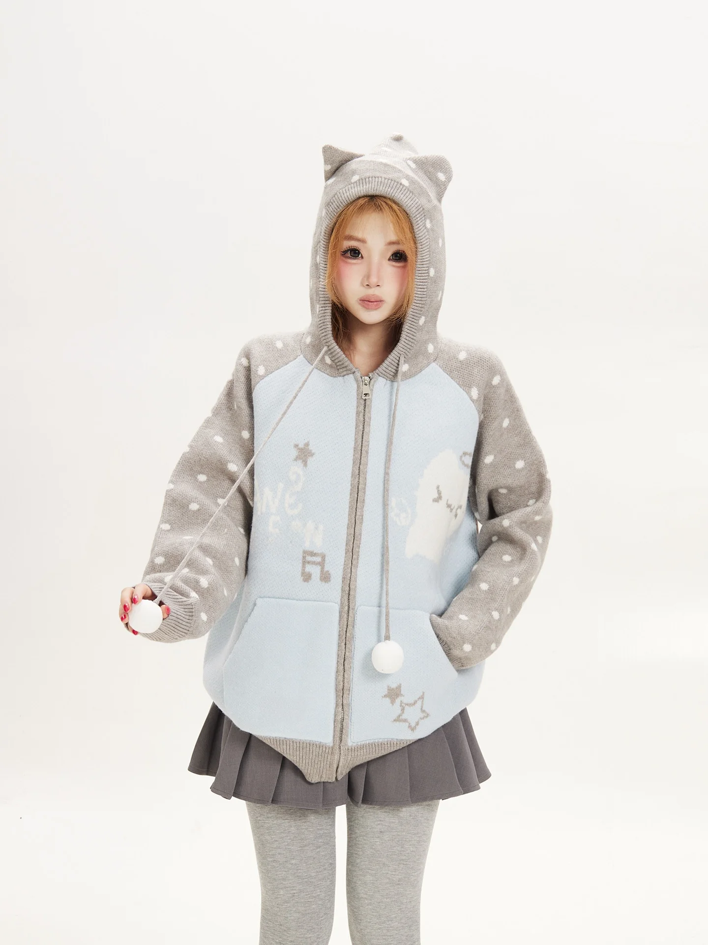Cute Ant Cartoon Polka Dot  Ear Hoodie Women's Knitted Sweater Autumn Splicing Outerwear Soft Medium Polyester Fiber
