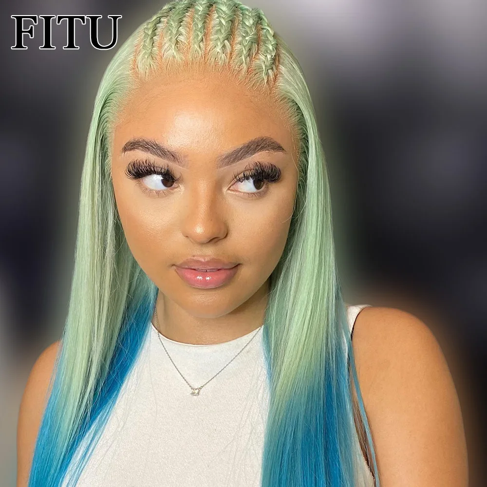 FITU Ombre Blue Transparent 13x6 13x4 Lace Frontal Human Hair Wig 613 Colored  Plucked With Baby Hair 4x4 5x5 Lace Closure Wig