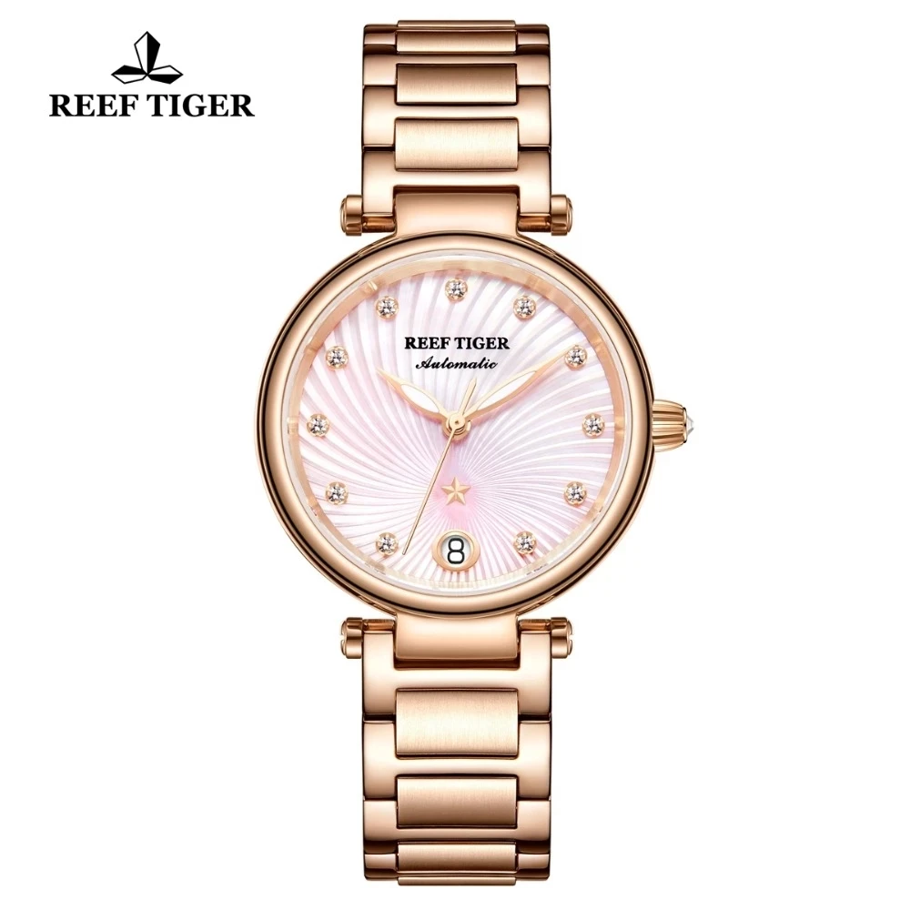 Reef Tiger/RT Top Brand Luxury Automatic Mechanical Women Watch Rose Gold Case Diamond Dial Bracelet Ladies Watches Date Clock