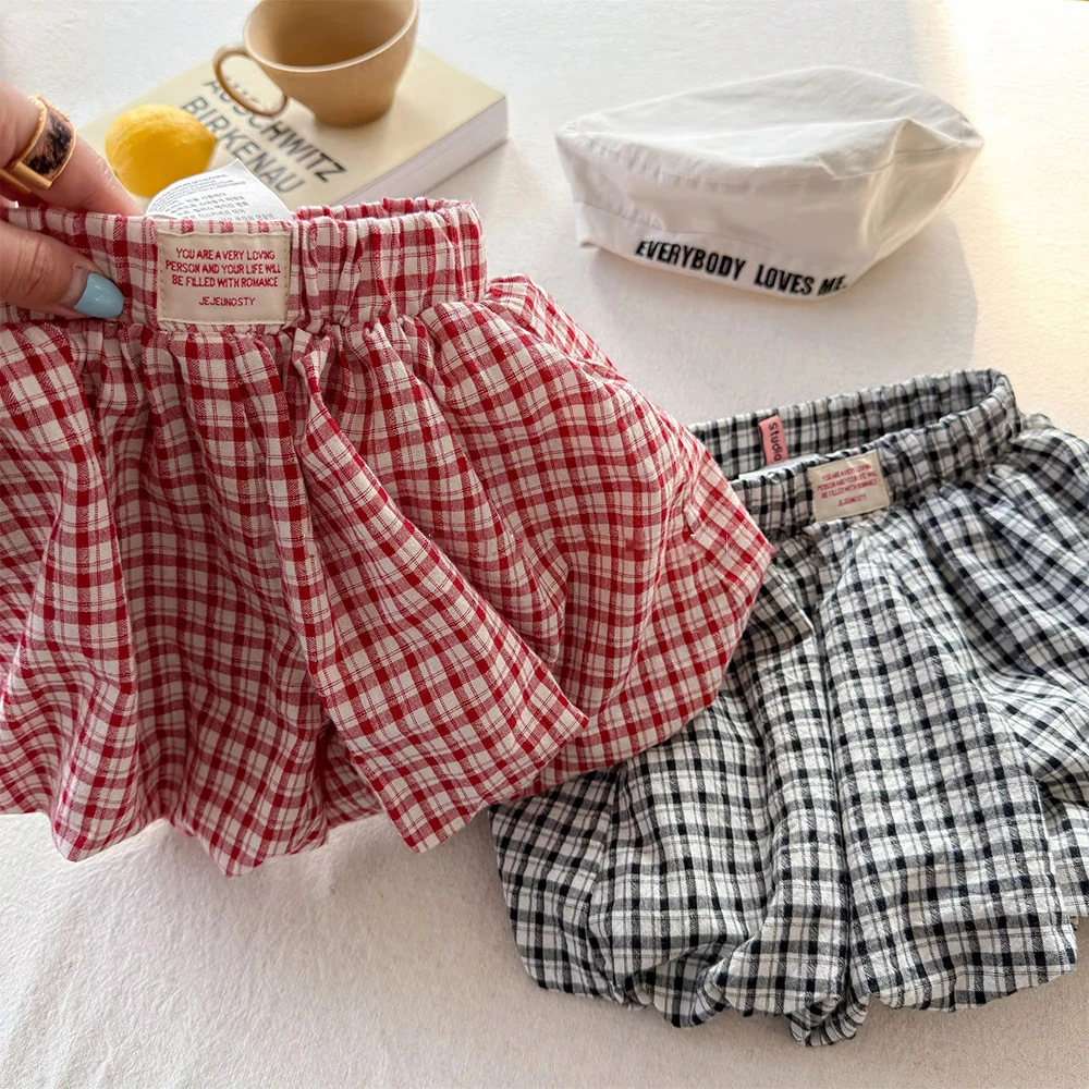 Summer Baby Girls Plaid Shorts 2026 New Korean Style Elastic Waist Lantern Skirt Shorts for Kids Casual Children Clothes Hot Pan