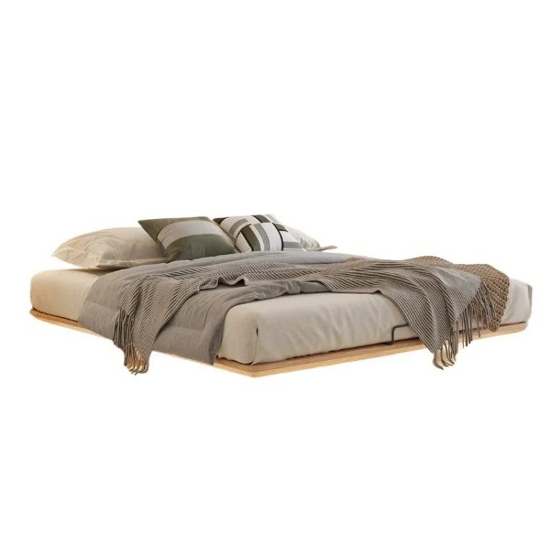 

No bedside solid wood suspended bed small apartment modern simple master bedroom ash wood with sensor light double bed