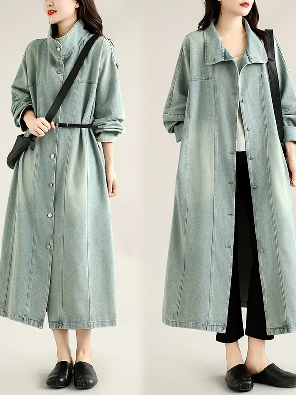 Authentic Long Sleeve Denim Dress Hong Kong Style Loose Casual Long Dress Polyester Cotton Blend High Collar Single Button Cl...