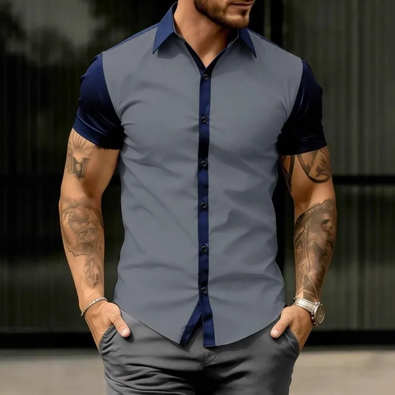 

Men's Color Block Short Sleeve Shirt Slim Fit Contrast Collar Placket Casual Breathable Summer Top