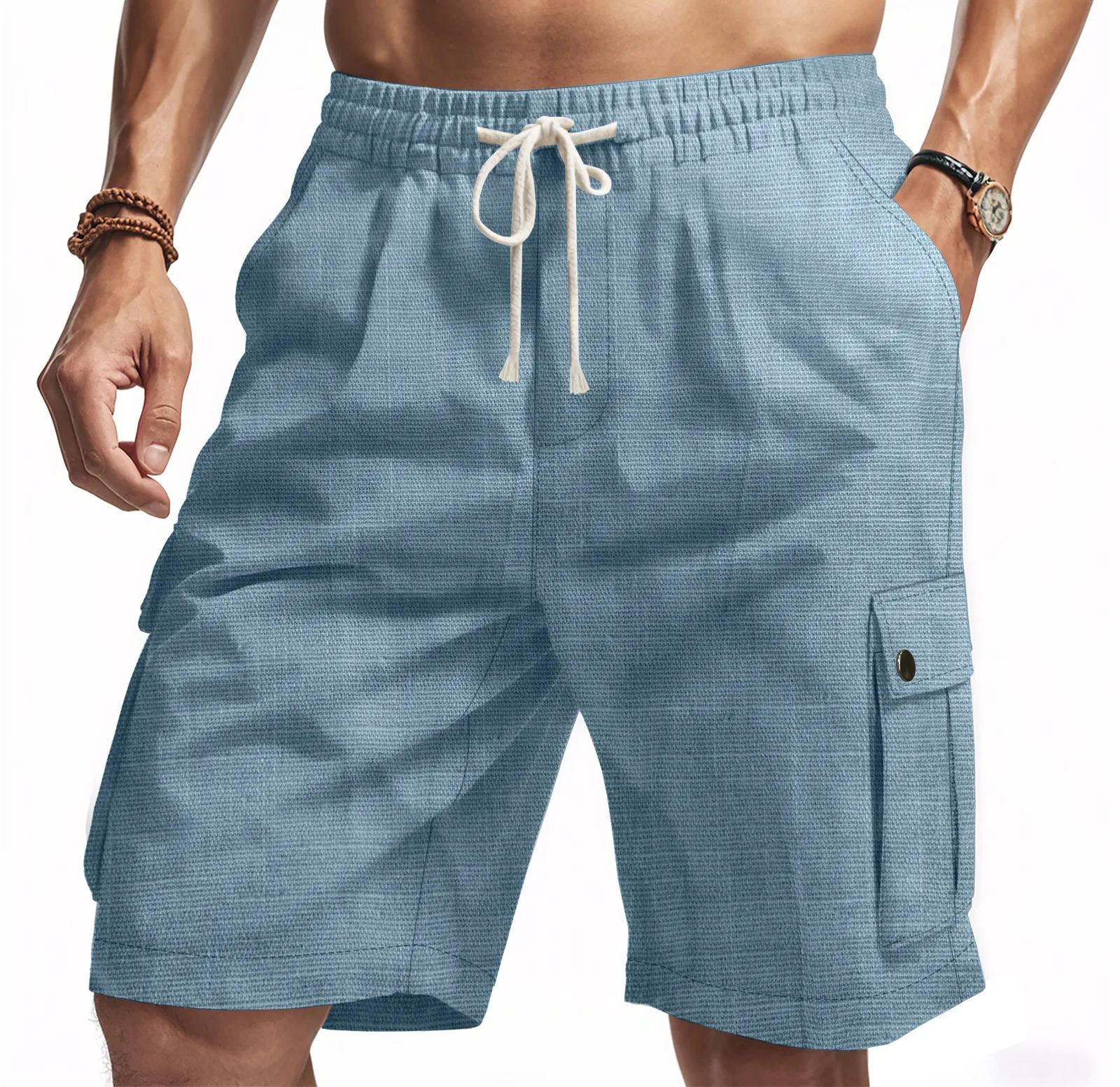 Men's Summer Cargo Shorts, Cotton Linen Drawstring Elastic Waist Side Pockets Loose Breathable Casual Beach Walking Short Pants.