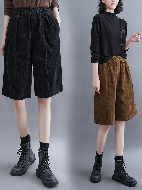 

Женские вельветовые шорты больших размеров, повседневные, с высокой талией, прямого кроя, длиной до колена, в стиле ретро, для отдыха, с эффектом похудения